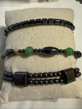 Hematite and Green Jade Bead Stack Bracelet Set
